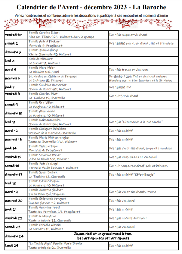 programme du calendrier de l'Avent
